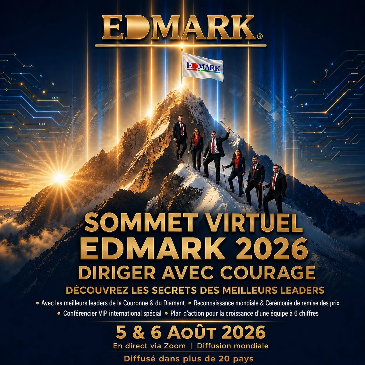 Affiche officielle premium de EDMARK VIRTUAL SUMMIT 2026 DIRIGER AVEC COURAGE avec thème de leadership et identité du sommet mondial