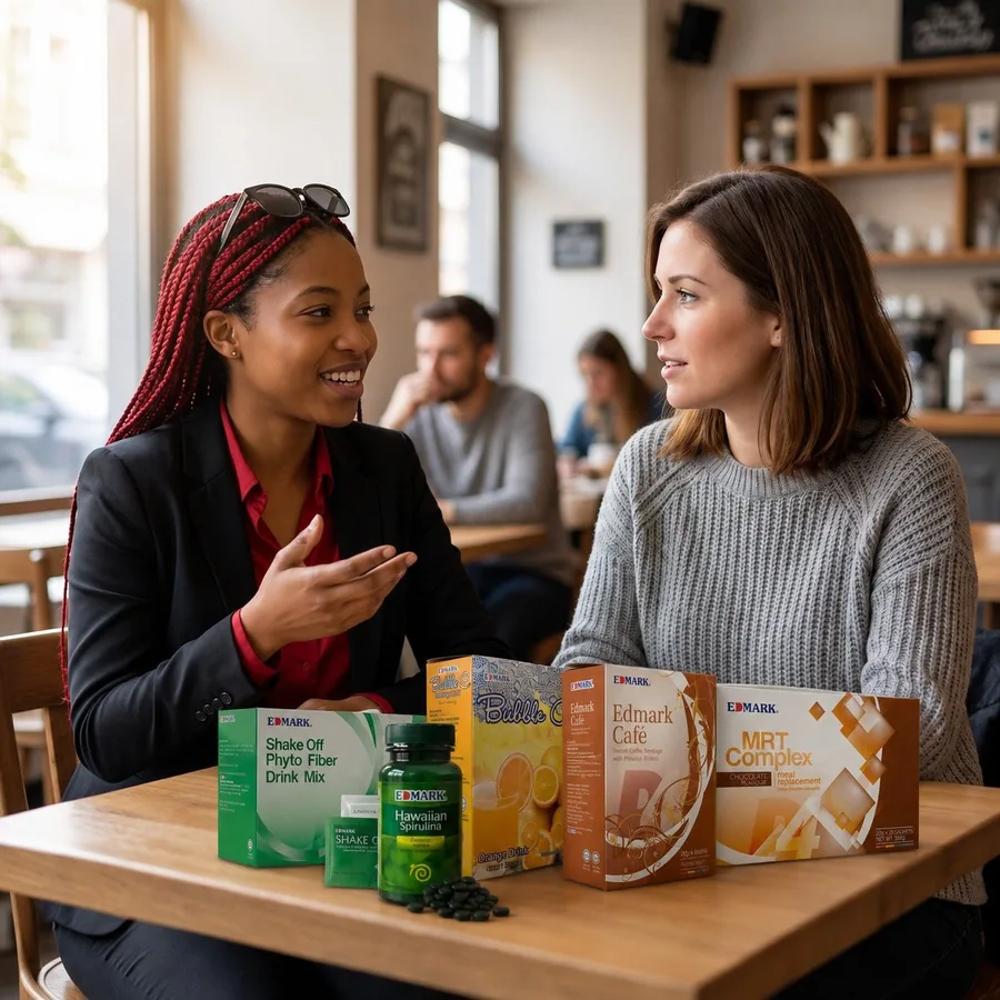 An EDMARK distributor sharing products with a customer in a café