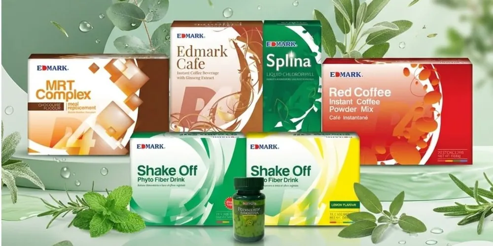 EDMARK product range: MRT Complex, EDMARK Café, Splina, Red Coffee, Shake Off and Hawaiian Spirulina