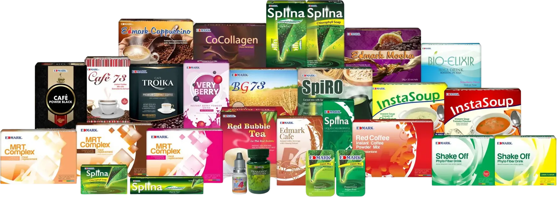 The EDMARK product range: coffees, MRT Complex, Splina, Shake Off, InstaSoup, Bio-Elixir, CoCollagen and more